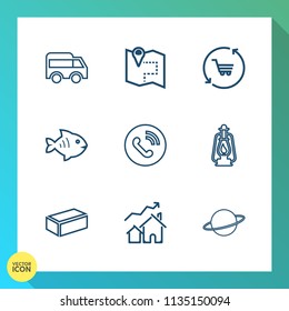 Modern, simple vector icon set on gradient background with left, white, orbit, ring, bus, lantern, trolley, move, real, location, food, car, vintage, brick, sea, construction, property, traffic icons