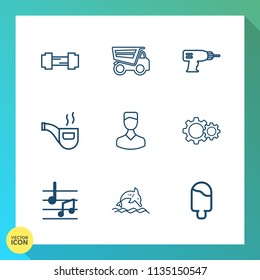 Modern, simple vector icon set on gradient background with drill, avatar, training, human, hand, note, fitness, retro, action, lorry, business, wildlife, sport, activity, dolphin, animal, active icons