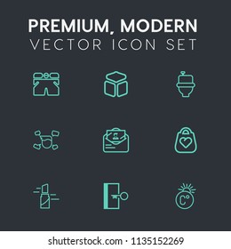 Modern, simple vector icon set on dark grey background with public, fahrenheit, hygiene, sanitary, element, beauty, red, leather, male, casual, cube, restroom, lipstick, post, temperature, door icons