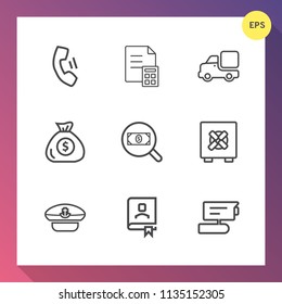Modern, simple vector icon set on gradient background with telephone, business, safe, home, address, cell, banking, technology, navy, camera, finance, view, search, safety, cap, find, truck, hat icons