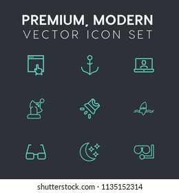 Modern, simple vector icon set on dark grey background with nautical, video, star, screen, helm, internet, navigation, equipment, boat, projection, mask, surfing, communication, movie, young icons