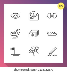 Modern, simple vector icon set on gradient background with baja, pencil, mouth, eye, pen, route, human, road, location, currency, sport, exercise, cash, spacecraft, spaceship, railway, train icons