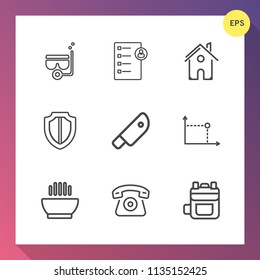 Modern, simple vector icon set on gradient background with backpack, document, food, shield, mobile, sea, hot, architecture, knife, bag, checklist, modern, technology, geometry, interview, mask icons