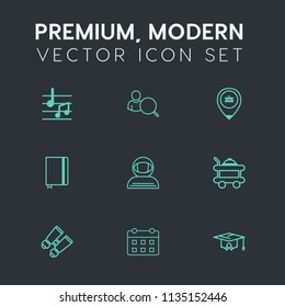 Modern, simple vector icon set on dark grey background with calendar, clef, online, vision, notebook, melody, science, web, work, book, watch, technology, room, university, cosmonaut, account icons