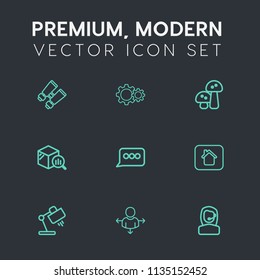 Modern, simple vector icon set on dark grey background with watch, direction, speech, vegetable, chat, building, see, action, search, web, lamp, trend, mushroom, business, interior, home, travel icons