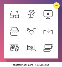 Modern, simple vector icon set on gradient background with camera, communication, palm, tipper, bugle, view, trumpet, dumper, eye, food, picnic, summer, star, basket, coconut, park, vehicle, web icons