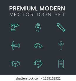 Modern, simple vector icon set on dark grey background with bat, hand, ball, air, wood, equipment, plane, vehicle, work, machine, power, war, cooler, creativity, finance, airplane, taxi, headset icons