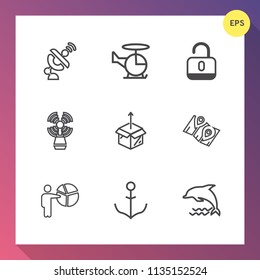 Modern, simple vector icon set on gradient background with dish, lighthouse, transport, unpacking, security, fly, space, technology, satellite, unlock, ocean, seamark, wildlife, transportation icons