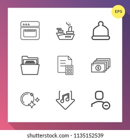 Modern, simple vector icon set on gradient background with currency, paper, boat, sound, office, business, transport, finance, cash, folder, internet, web, cooking, oven, financial, delete, hat icons
