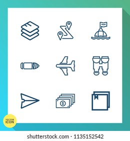 Modern, simple vector icon set on gradient background with data, equipment, airplane, digital, concept, money, web, navigation, weapon, gps, technology, military, finance, currency, map, plane icons
