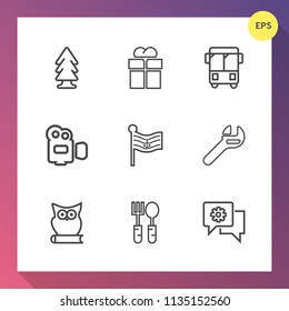 Modern, simple vector icon set on gradient background with nation, road, america, flag, repair, tree, bus, bird, plant, environment, video, pine, trunk, national, camera, animal, tool, surprise icons