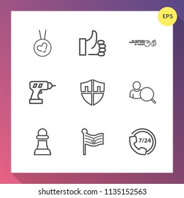 Modern, simple vector icon set on gradient background with hand, like, chessboard, ring, fashion, gold, security, horse, strategy, protection, equipment, success, love, strike, support, internet icons