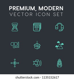 Modern, simple vector icon set on dark grey background with equipment, investment, education, lantern, lamp, finance, call, book, money, headset, glass, mountain, hour, sea, sand, library, cell icons
