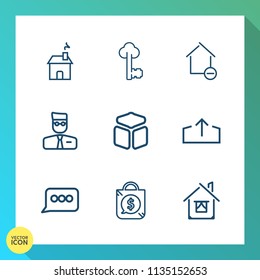 Modern, simple vector icon set on gradient background with price, modern, estate, communication, house, antique, account, property, chat, cardboard, old, square, download, key, room, building icons