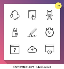 Modern, simple vector icon set on gradient background with time, pencil, website, sound, watch, cursor, comfortable, cloud, support, headset, education, equipment, armchair, write, chair, audio icons