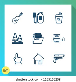 Modern, simple vector icon set on gradient background with firearm, aviation, jazz, glass, file, transport, landscape, instrument, house, concert, transportation, summer, tree, sound, estate icons
