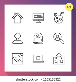 Modern, simple vector icon set on gradient background with phone, technology, sign, castle, character, male, summer, cocktail, communication, monster, cold, online, cellphone, man, telephone icons