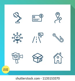 Modern, simple vector icon set on gradient background with bank, box, new, video, handle, balance, communication, technology, card, light, finance, traffic, building, map, house, white, home icons