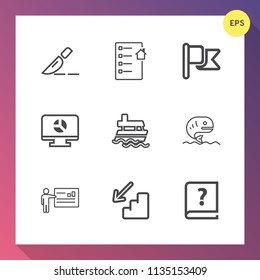 Modern, simple vector icon set on gradient background with ocean, seafood, home, clinic, treatment, presentation, meeting, graphic, down, estate, infographic, businessman, fish, boat, america icons