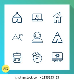 Modern, simple vector icon set on gradient background with white, technology, thermometer, fahrenheit, leather, woman, tourism, cosmonaut, fashion, estate, young, space, hiking, call, science icons