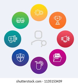 Modern, simple vector icon set on colorful circle backgrounds with equipment, cocktail, juice, cup, winner, protect, competition, sport, computer, website, loudspeaker, sign, fight, glove, voice icons