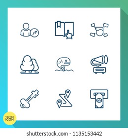 Modern, simple vector icon set on gradient background with web, report, old, atm, lock, business, road, library, door, gramophone, chart, open, environment, forest, book, vintage, bank, seafood icons