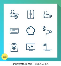 Modern, simple vector icon set on gradient background with status, finance, buy, point, interior, office, food, cheque, blue, cook, location, navigation, technology, gift, sale, social, business icons