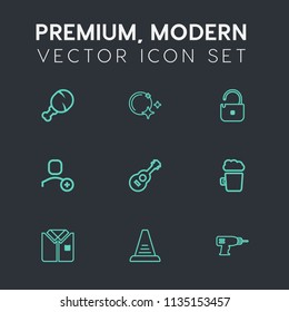 Modern, simple vector icon set on dark grey background with music, guitar, musical, fashion, fried, meat, account, star, unlock, moonlight, tshirt, alcohol, meal, white, food, protection, fast icons