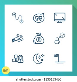 Modern, simple vector icon set on gradient background with worker, money, business, coin, digital, profile, dialog, chat, online, team, speech, direction, position, monitor, star, blue, hand icons