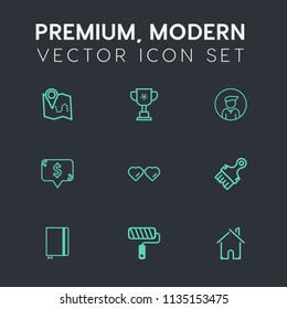 Modern, simple vector icon set on dark grey background with tool, page, sun, white, book, price, young, frame, travel, home, boy, trophy, sport, paint, house, brush, road, map, fashion, roll icons