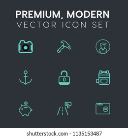 Modern, simple vector icon set on dark grey background with finance, security, lock, unlock, bank, picture, road, tool, male, shovel, rucksack, helm, boy, investment, screwdriver, money, ship icons