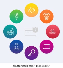 Modern, simple vector icon set on colorful circle backgrounds with banking, cash, avatar, fish, success, coin, seafood, vehicle, strawberry, vanilla, dessert, currency, white, speech, key, money icons