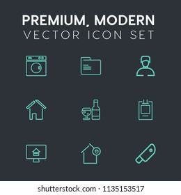 Modern, simple vector icon set on dark grey background with housework, architecture, badge, drink, cut, property, kitchen, alcohol, office, folder, online, household, male, business, wine, wash icons