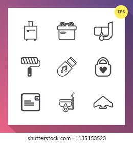 Modern, simple vector icon set on gradient background with sea, object, sport, journey, tool, sky, mask, tourist, paint, jump, holiday, wallet, gift, leather, roller, brush, present, sound, bag icons