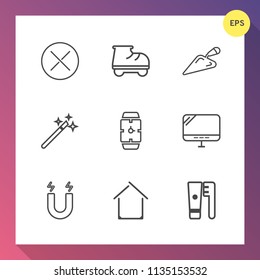 Modern, simple vector icon set on gradient background with wizard, architecture, clean, hand, pole, construction, minute, sign, fun, lifestyle, pc, laptop, house, computer, magnetic, wand, watch icons
