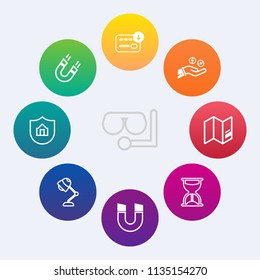 Modern, simple vector icon set on colorful circle backgrounds with electricity, sea, north, scuba, business, mask, equipment, map, sand, protection, house, field, clock, sport, hour, water, cash icons