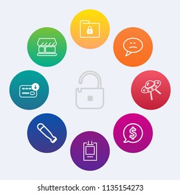 Modern, simple vector icon set on colorful circle backgrounds with lock, file, market, space, web, sack, circle, shop, equipment, security, label, white, price, spacecraft, tag, store, bubble icons