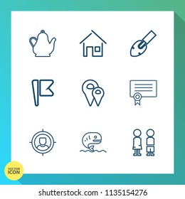 Modern, simple vector icon set on gradient background with property, construction, building, beverage, teapot, hot, target, boy, nation, girl, coffee, national, business, fish, standing, water icons