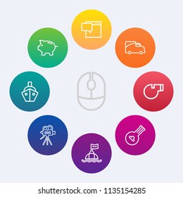 Modern, simple vector icon set on colorful circle backgrounds with object, investment, click, optical, instrument, whistle, tripod, mouse, traffic, string, banking, equipment, movie, button, sea icons