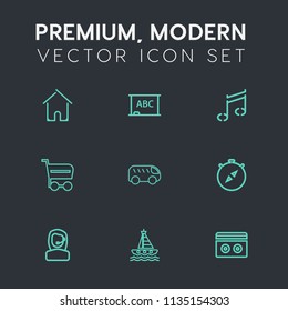 Modern, Simple Vector Icon Set On Dark Grey Background With Left, East, Cart, Chalk, Yacht, Headset, Note, Blank, Black, Highway, North, Home, Stereo, Blackboard, Sea, Shop, Market, Buy, Boat Icons