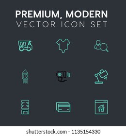 Modern, simple vector icon set on dark grey background with banking, cold, estate, bodysuit, web, home, dumper, model, white, ben, transport, beauty, account, table, electric, lamp, clock, heavy icons