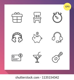 Modern, simple vector icon set on gradient background with time, decoration, minute, ribbon, call, musical, coin, sound, cocktail, audio, present, comfortable, investment, summer, headset, white icons