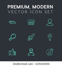 Modern, simple vector icon set on dark grey background with financial, pin, boy, science, launch, modern, railroad, transport, travel, location, market, track, finance, internet, locomotive, up icons