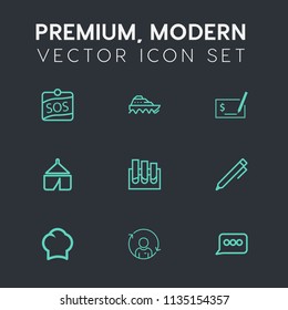 Modern, simple vector icon set on dark grey background with uniform, transport, medical, sos, label, laboratory, sea, quality, water, person, cook, medicine, profile, boat, check, speech, chef icons