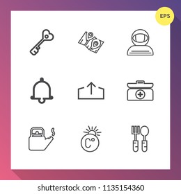 Modern, simple vector icon set on gradient background with lock, dinner, cosmonaut, spacesuit, aid, spoon, notification, kettle, door, cross, steam, fahrenheit, astronaut, gps, key, thermometer icons