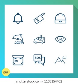 Modern, simple vector icon set on gradient background with body, head, animal, finger, pointing, call, wildlife, transport, clothing, hat, nature, object, ocean, truck, transportation, bell, man icons