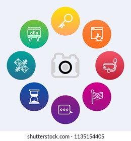 Modern, simple vector icon set on colorful circle backgrounds with nation, picture, door, mask, lens, equipment, key, hour, internet, america, information, national, website, camera, business icons