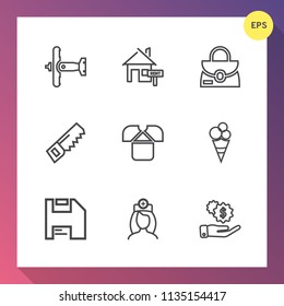 Modern, simple vector icon set on gradient background with money, style, airplane, leather, hammer, estate, dollar, care, military, cream, aircraft, plane, doctor, medical, nurse, property, sale icons