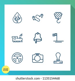 Modern, simple vector icon set on gradient background with environment, plant, alarm, wood, ring, point, ocean, direction, stationery, bell, travel, green, forest, position, trunk, laboratory icons