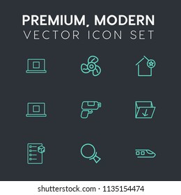 Modern, simple vector icon set on dark grey background with apartment, user, cooler, fan, travel, sign, cargo, architecture, ventilator, favorite, web, ventilation, delivery, search, internet icons